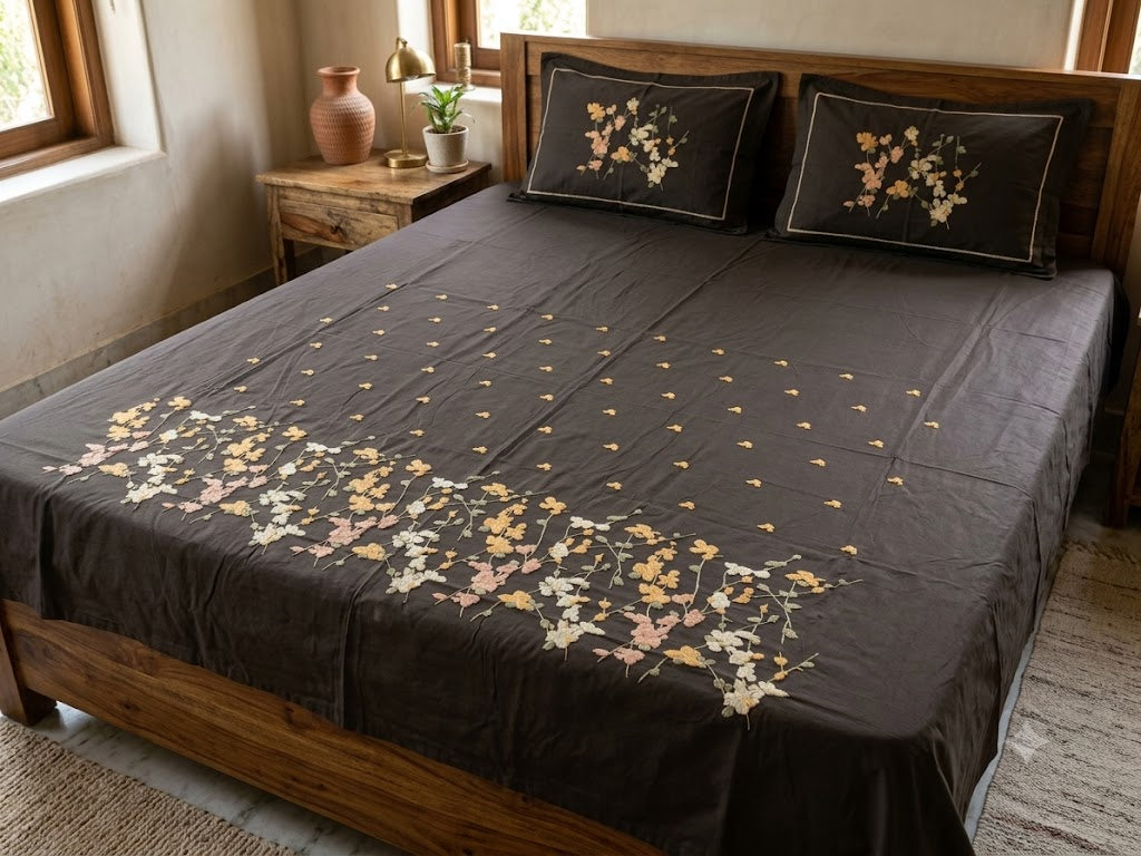 Premium Designer Embroidered Satin Cotton Bedsheet Set
