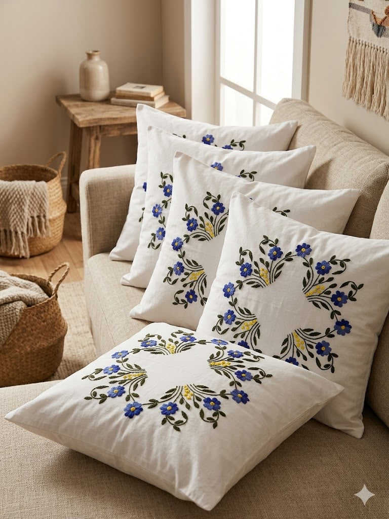 Hand Embroidered Cotton Cushion Covers (Set of 5)