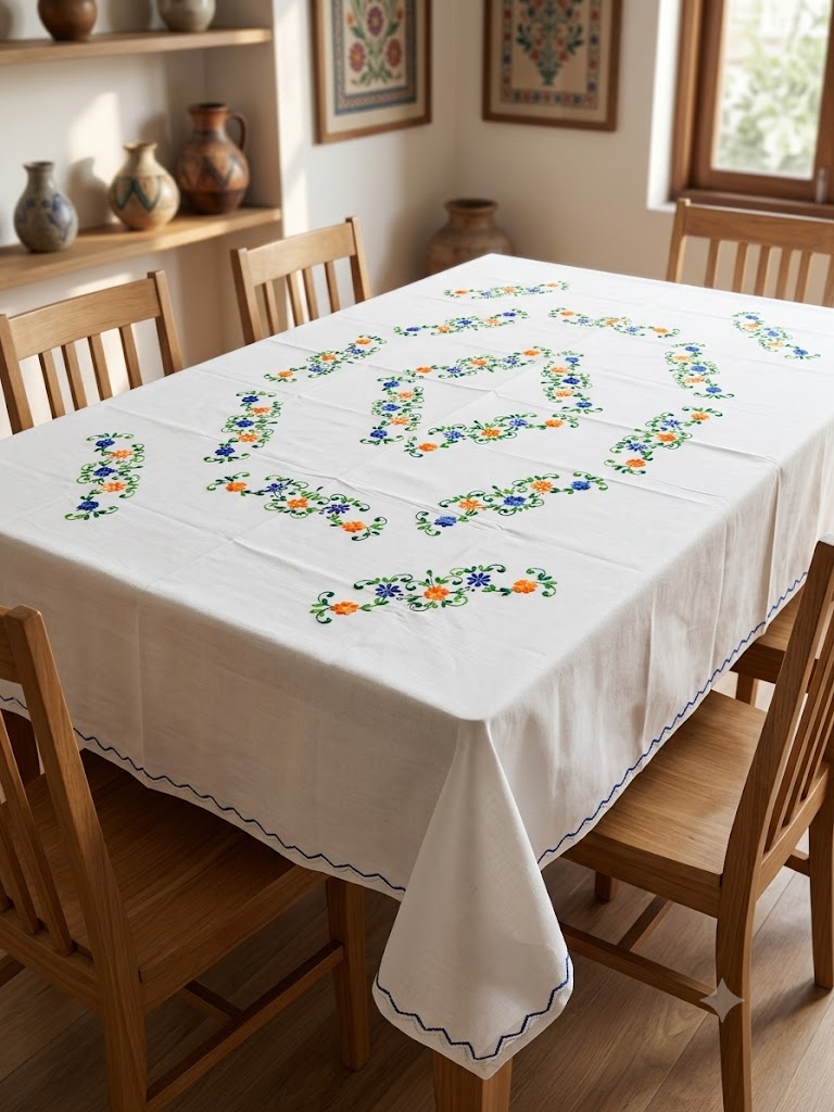 Hand Embroidered Floral Six Seater Table Cover