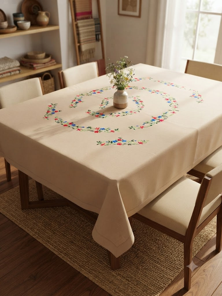 Hand Embroidered Floral Six Seater Table Cover