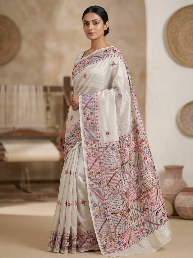 Premium Handcrafted Bullion Stitch Work Chanderi Saree with Blouse Piece
