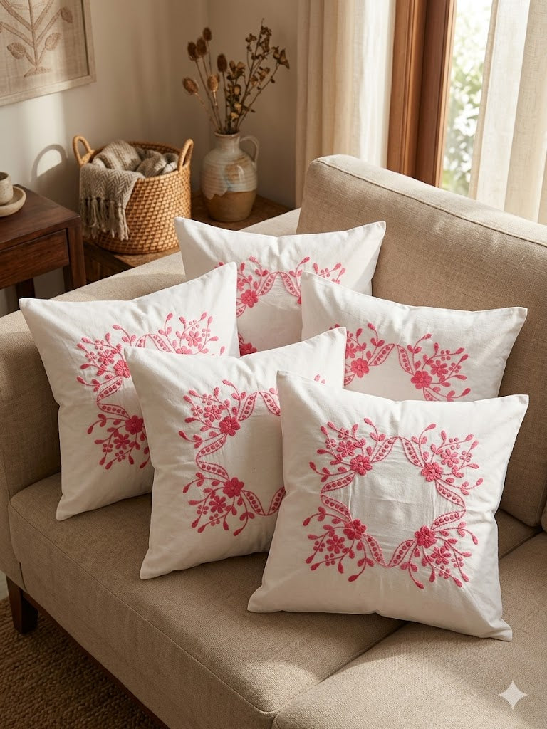 Hand Embroidered Cotton Cushion Covers (Set of 5)