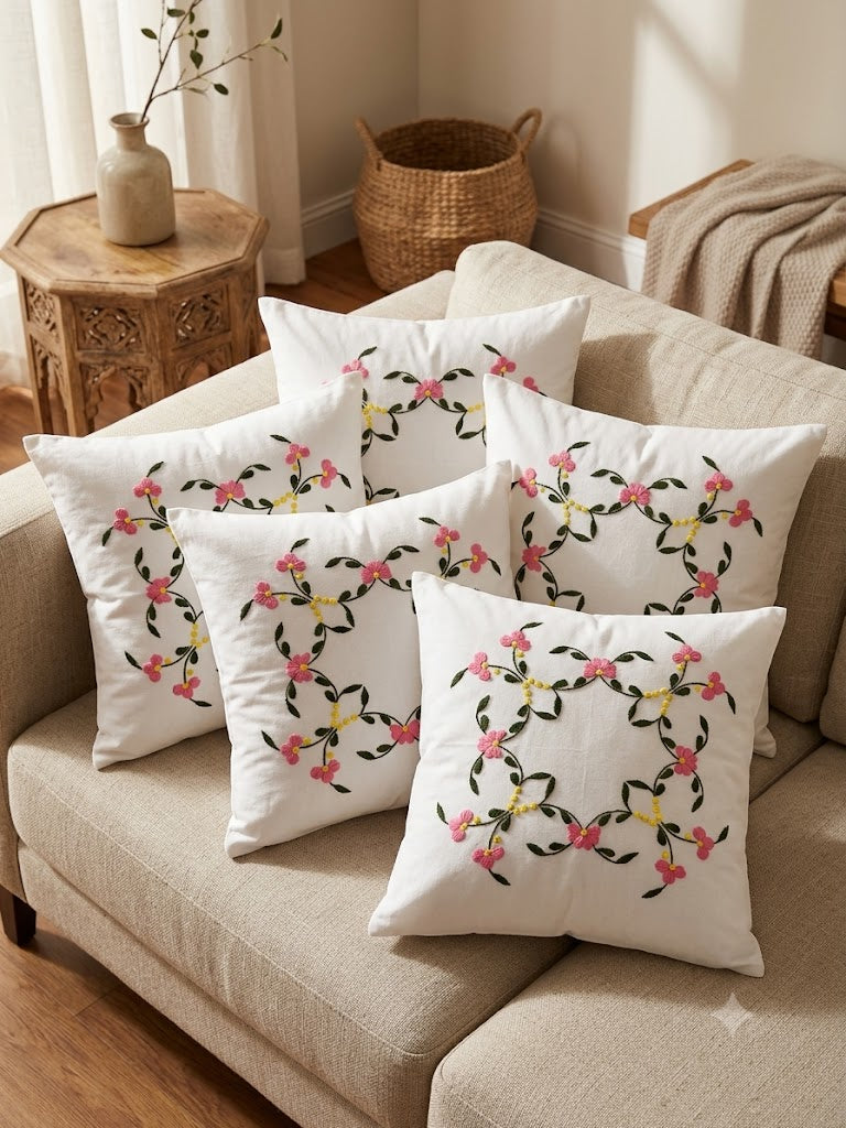 Hand Embroidered Cotton Cushion Covers (Set of 5)