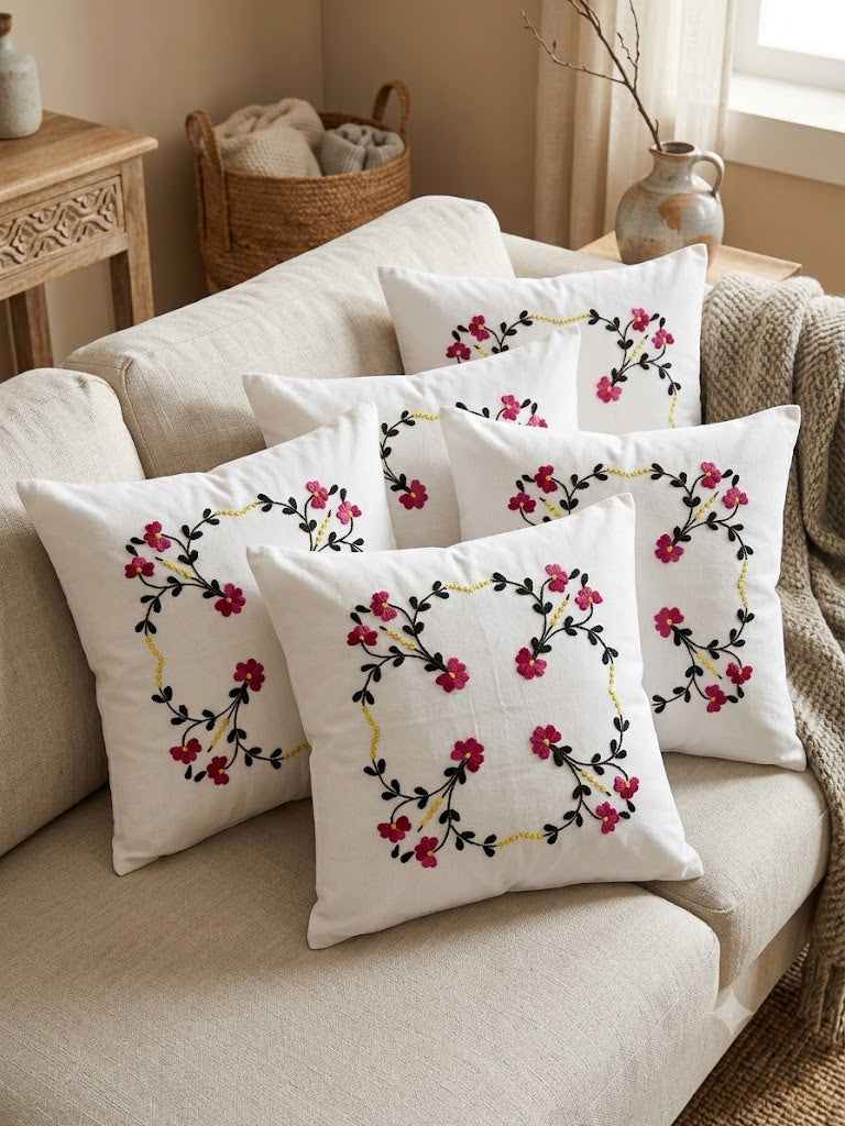 Hand Embroidered Cotton Cushion Covers (Set of 5)