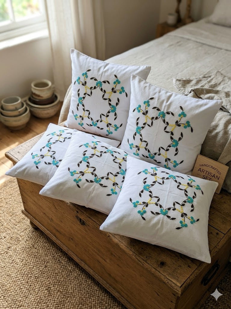 Hand Embroidered Cotton Cushion Covers (Set of 5)