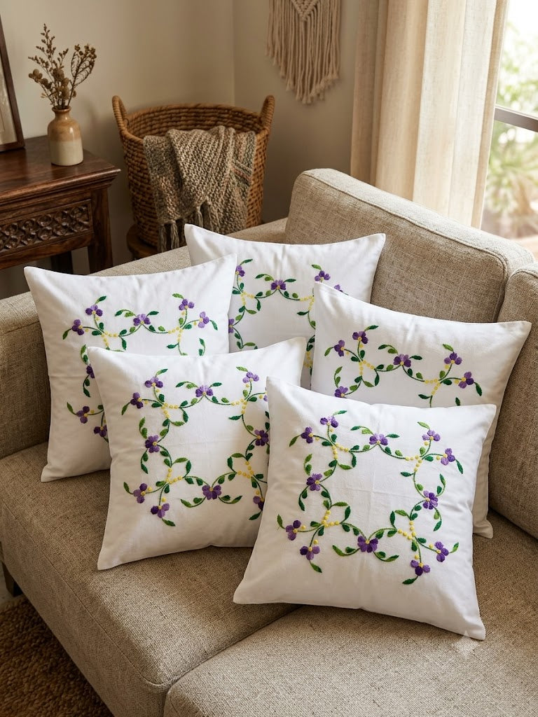 Hand Embroidered Cotton Cushion Covers (Set of 5)