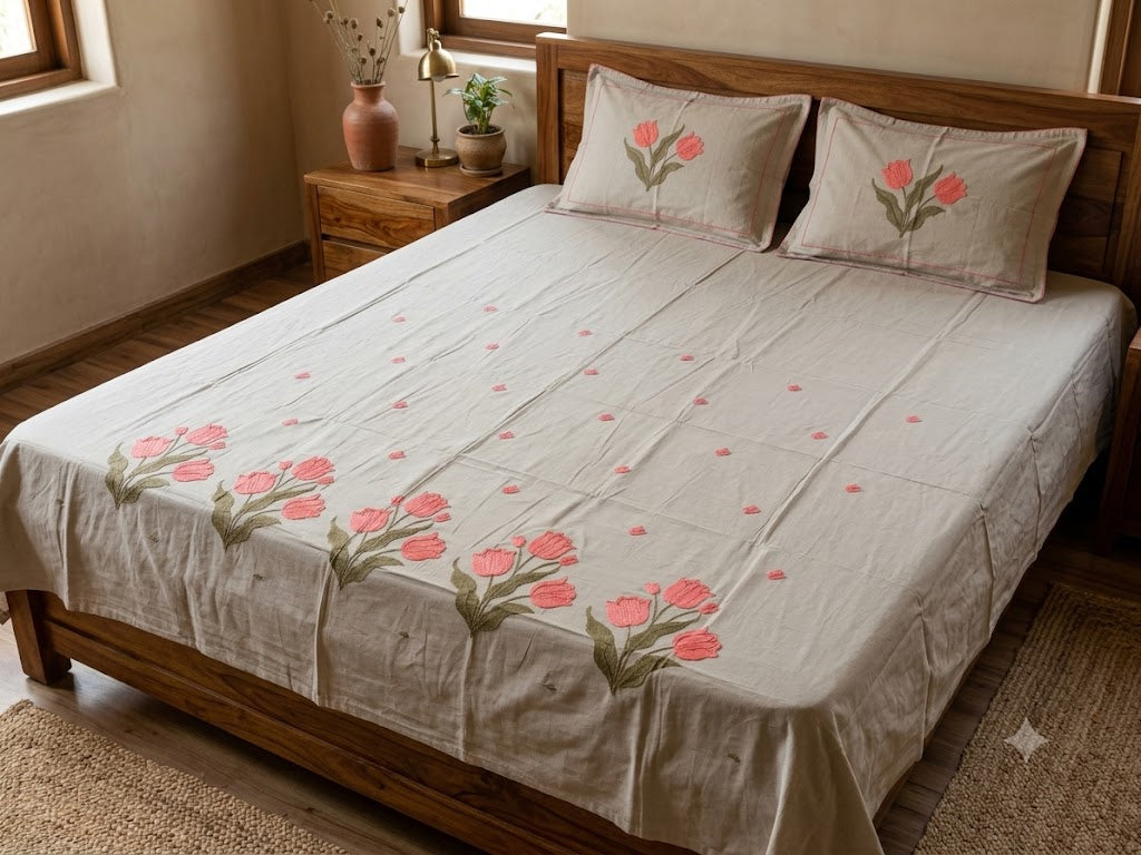 Premium Designer Embroidered Satin Cotton Bedsheet Set