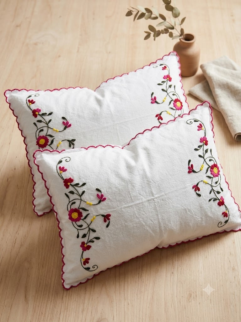 Chikonwala Hand-Embroidered Floral Pillow Cover Set– Set of 2