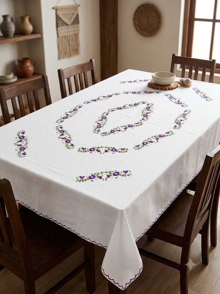 Hand Embroidered Floral Six Seater Table Cover