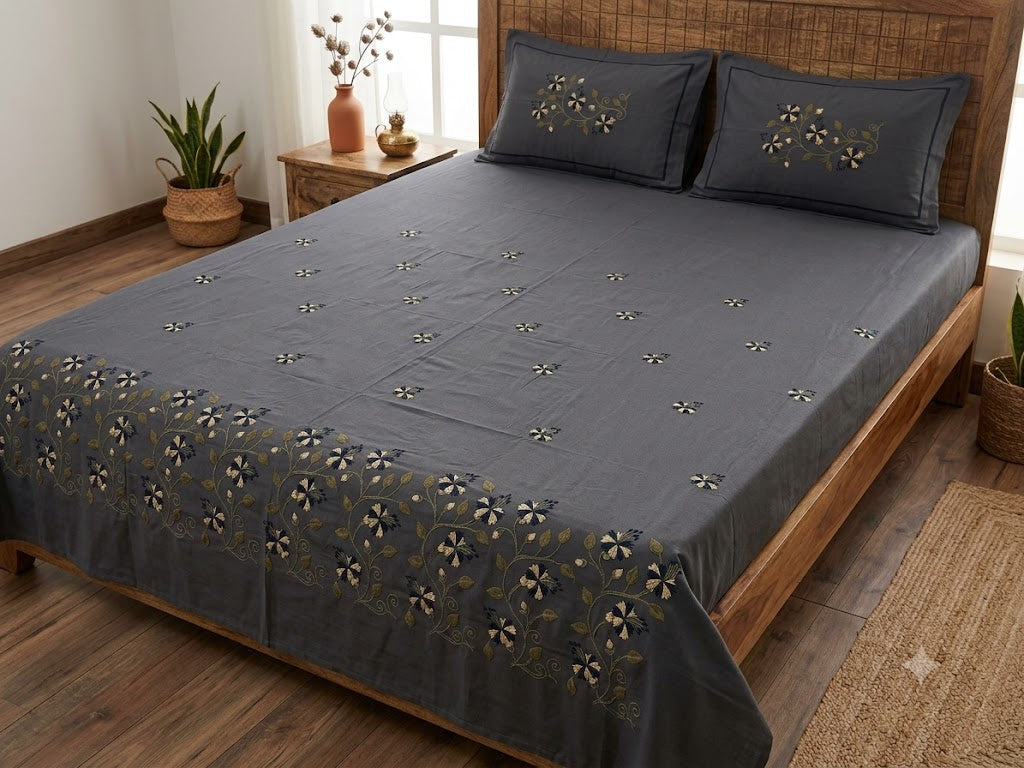 Premium Designer Embroidered Satin Cotton Bedsheet Set