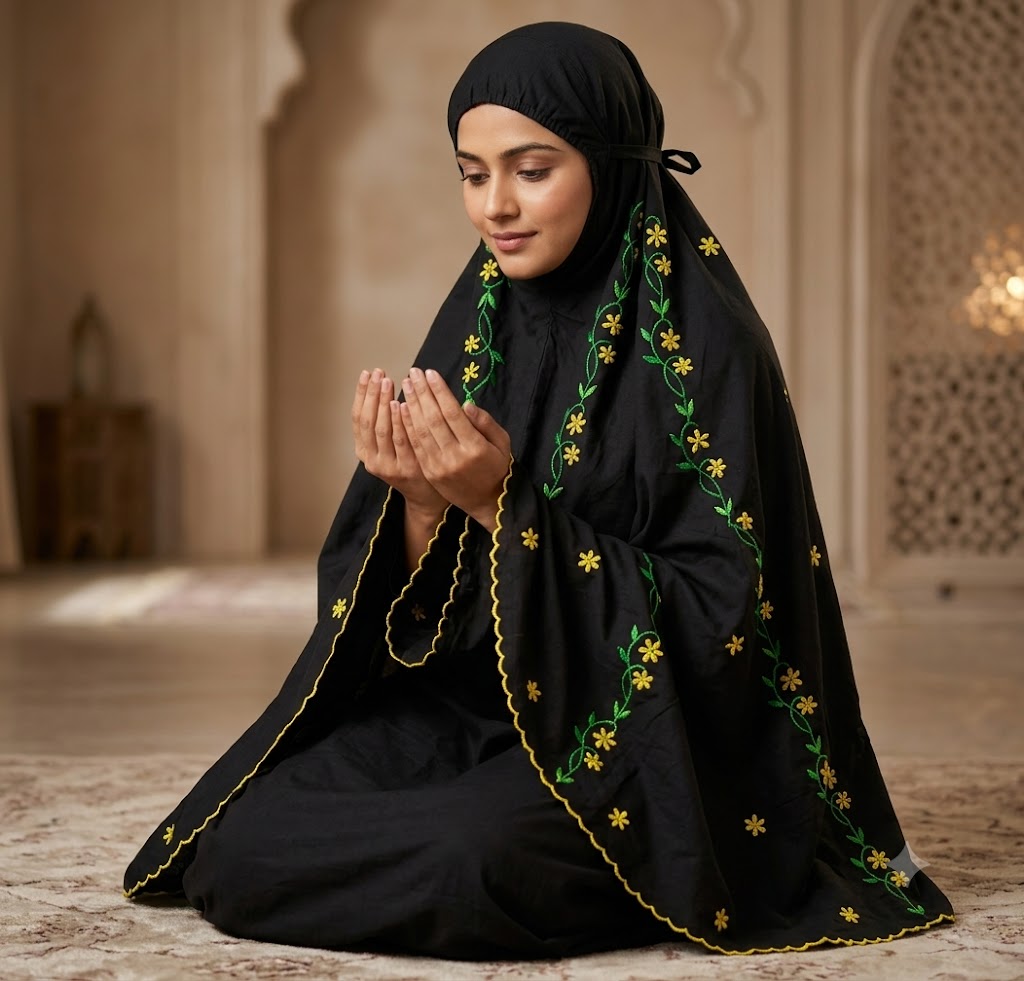 Chikonwala Hand Embroidered Cotton Islamic Namaz Hijab with Floral Embroidery
