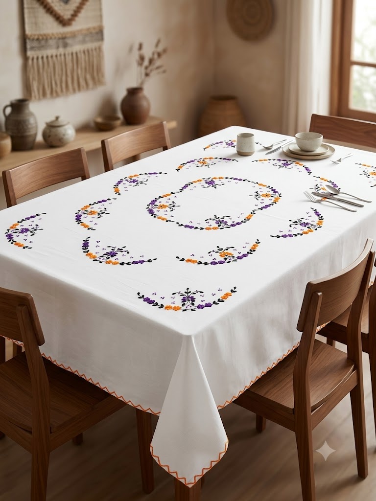 Hand Embroidered Floral Six Seater Table Cover