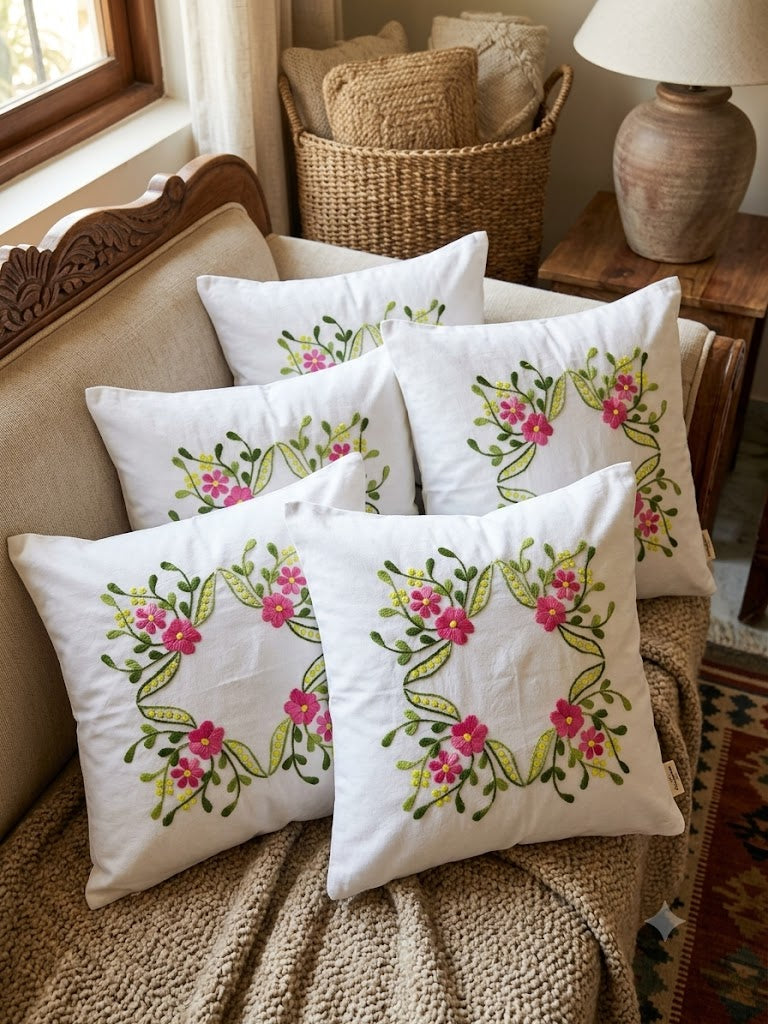 Hand Embroidered Cotton Cushion Covers (Set of 5)