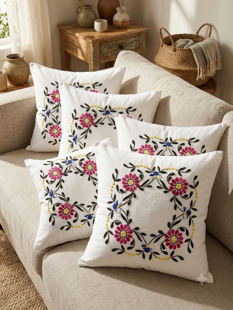 Hand Embroidered Cotton Cushion Covers (Set of 5)