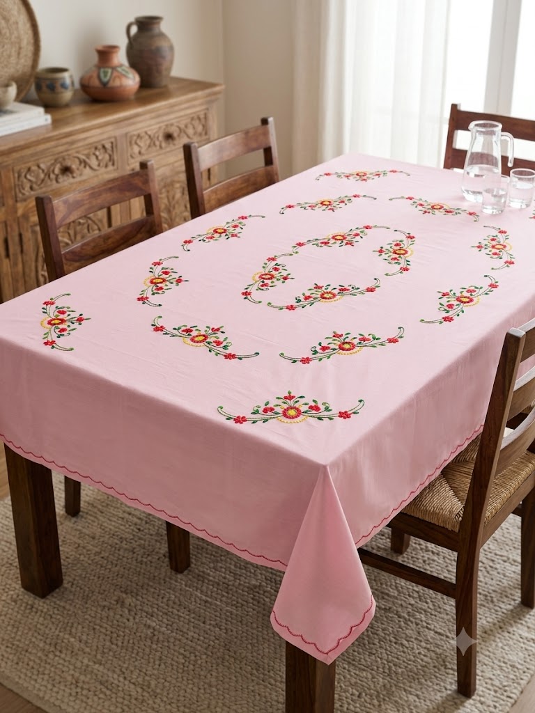 Hand Embroidered Floral Six Seater Table Cover