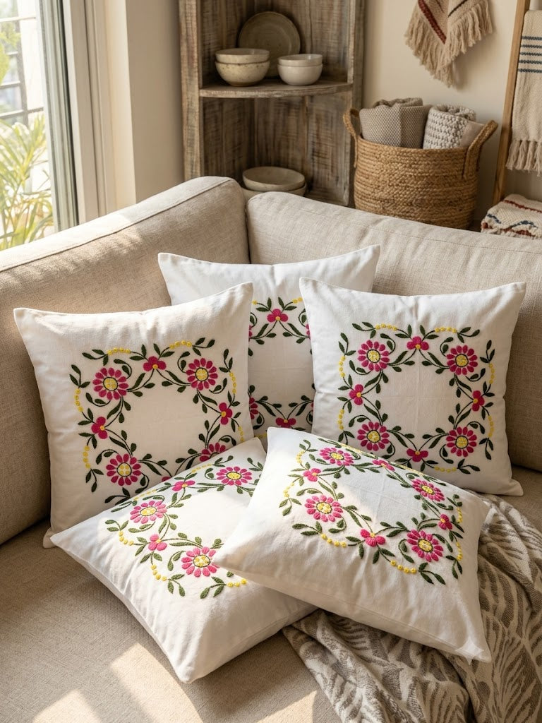Hand Embroidered Cotton Cushion Covers (Set of 5)