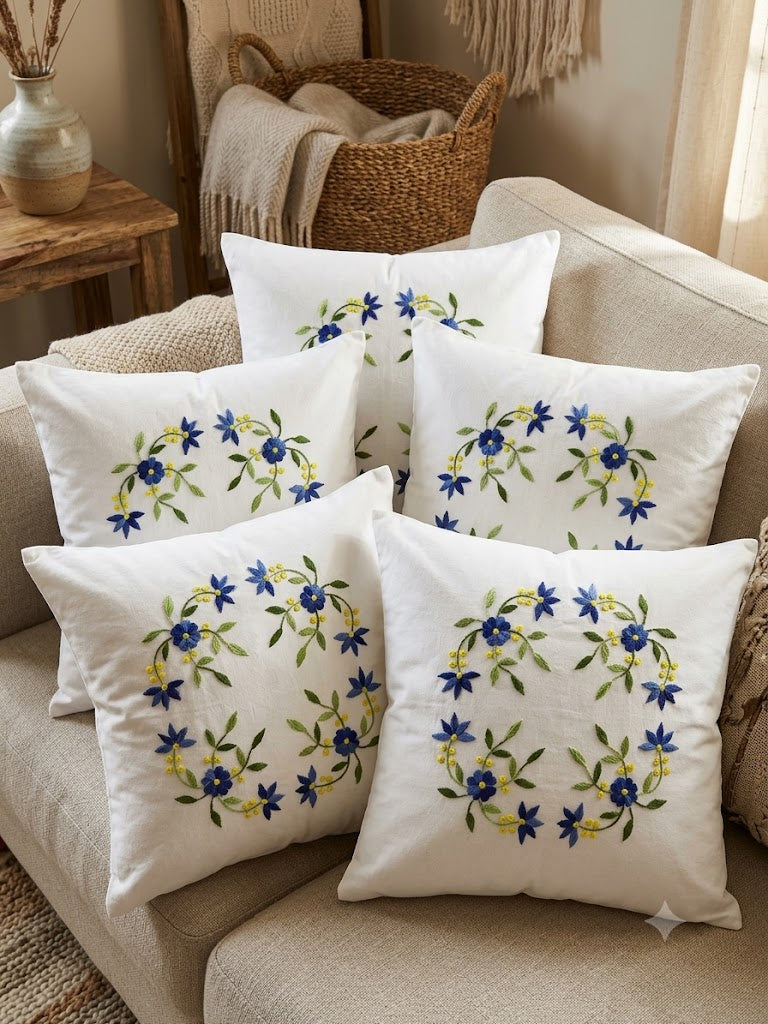 Hand Embroidered Cotton Cushion Covers (Set of 5)