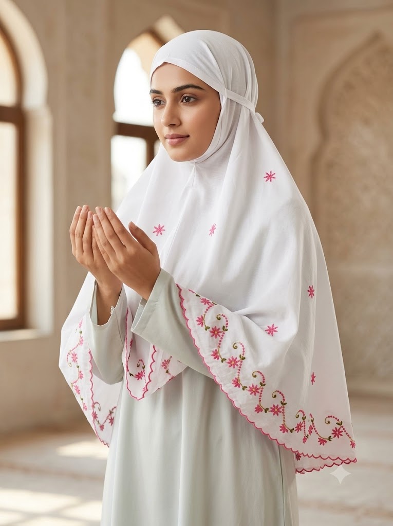 Chikonwala Hand Embroidered Cotton Islamic Namaz Hijab with Floral Embroidery