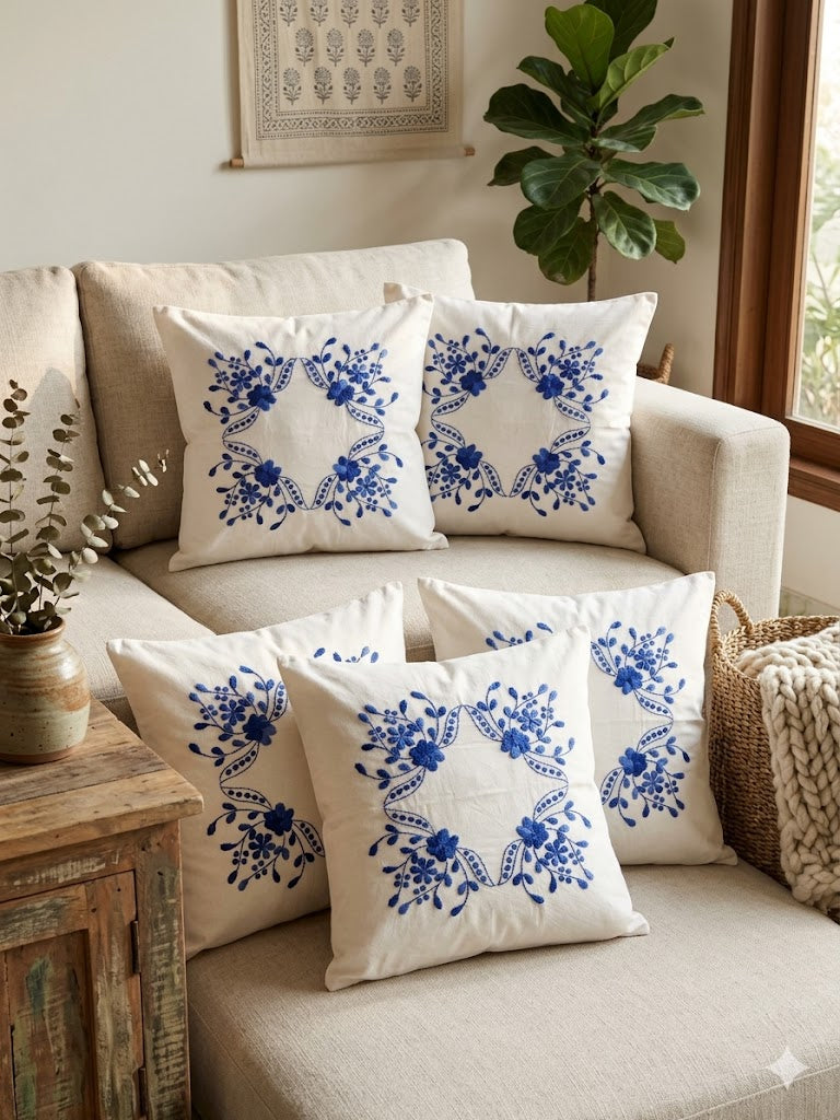 Hand Embroidered Cotton Cushion Covers (Set of 5)
