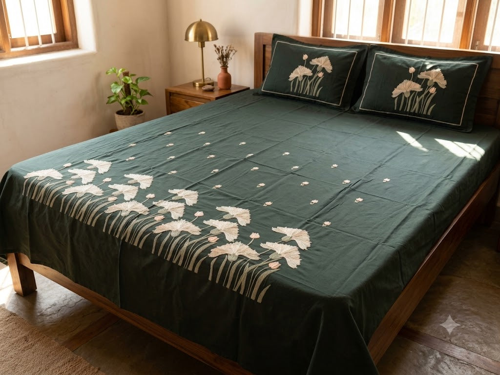 Premium Designer Embroidered Satin Cotton Bedsheet Set