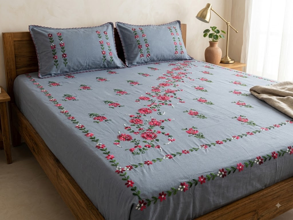 Chikonwala's Hand Embroidered Floral Design Bedsheet