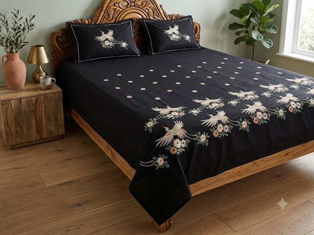 Premium Designer Embroidered Satin Cotton Bedsheet Set