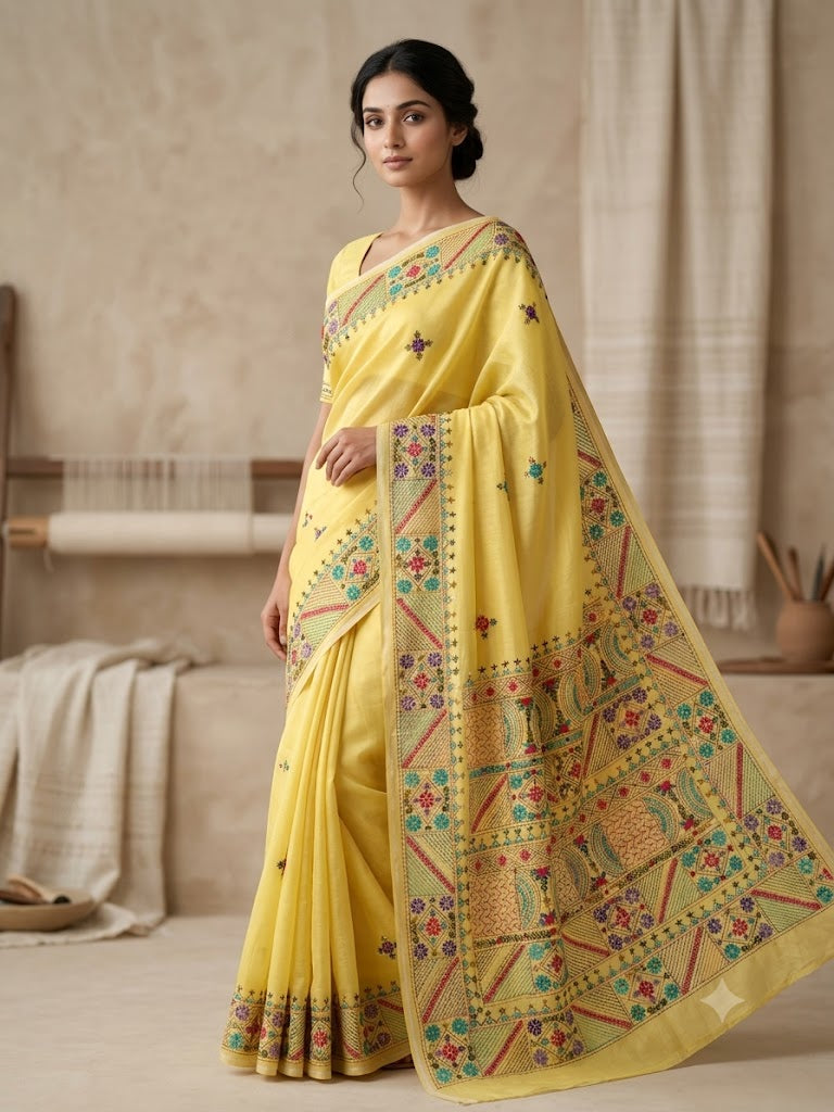 Premium Handcrafted Bullion Stitch Work Chanderi Saree with Blouse Piece