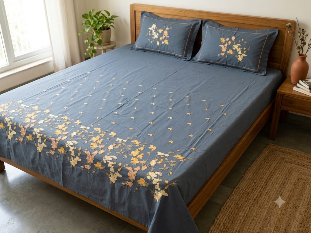 Premium Designer Embroidered Satin Cotton Bedsheet Set