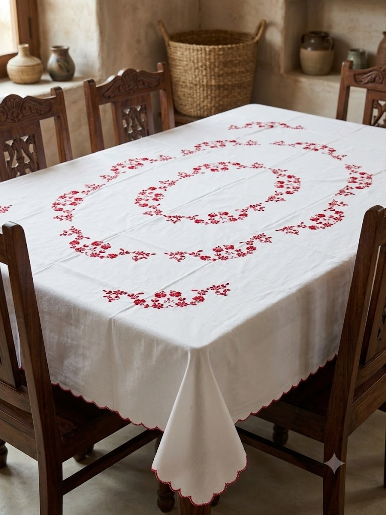 Hand Embroidered Floral Six Seater Table Cover