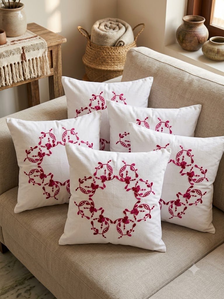 Hand Embroidered Cotton Cushion Covers (Set of 5)