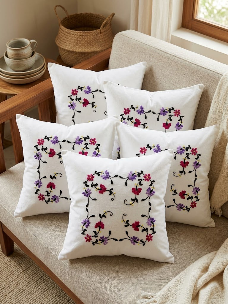 Hand Embroidered Cotton Cushion Covers (Set of 5)