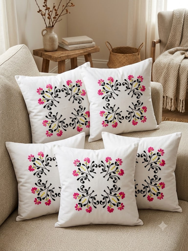 Hand Embroidered Cotton Cushion Covers (Set of 5)