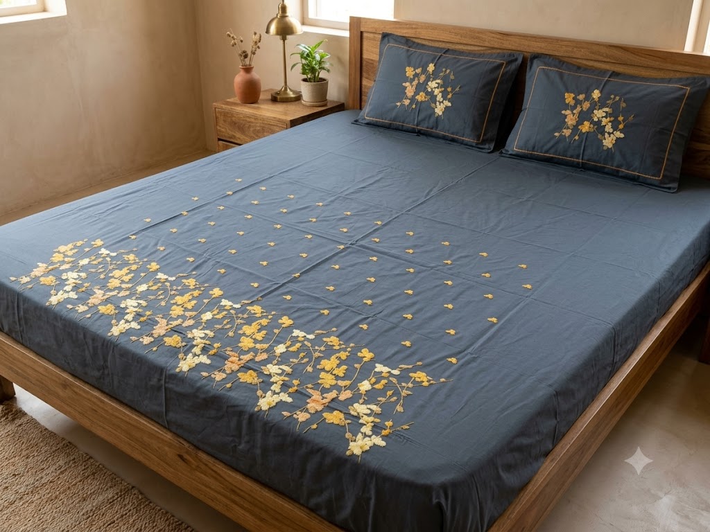 Premium Designer Embroidered Satin Cotton Bedsheet Set