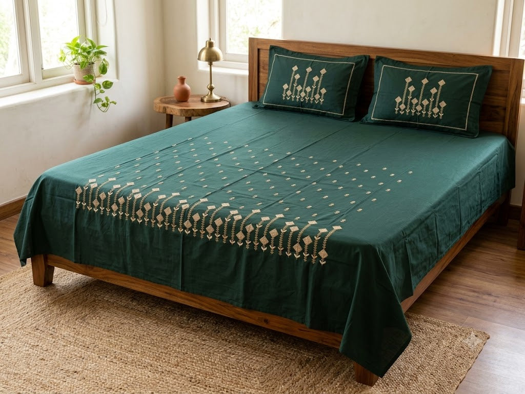 Premium Designer Embroidered Satin Cotton Bedsheet Set