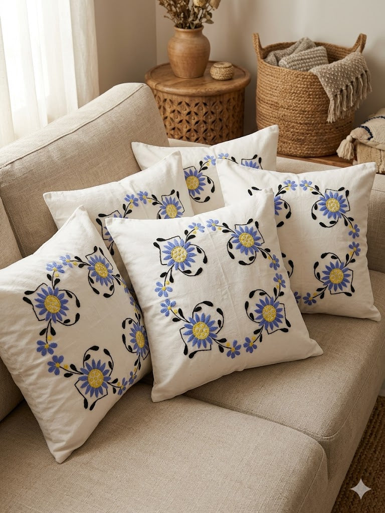 Hand Embroidered Cotton Cushion Covers (Set of 5)