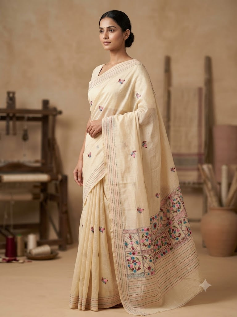 Premium Handcrafted Bullion Stitch Work Chanderi Saree with Blouse Piece