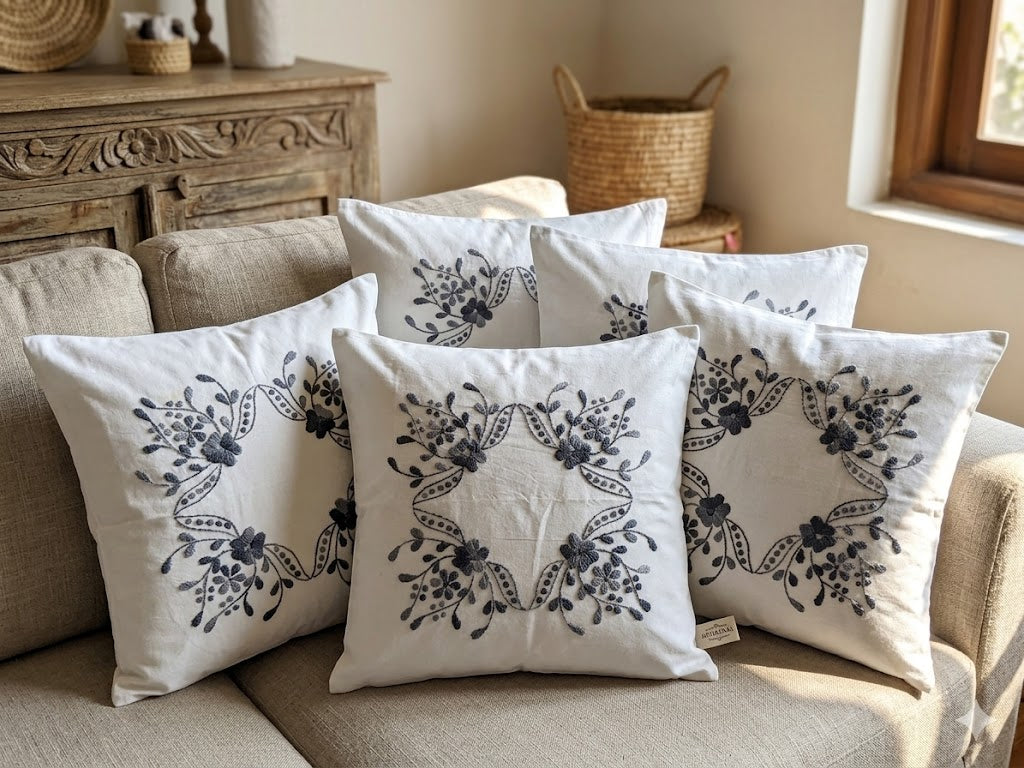 Hand Embroidered Cotton Cushion Covers (Set of 5)
