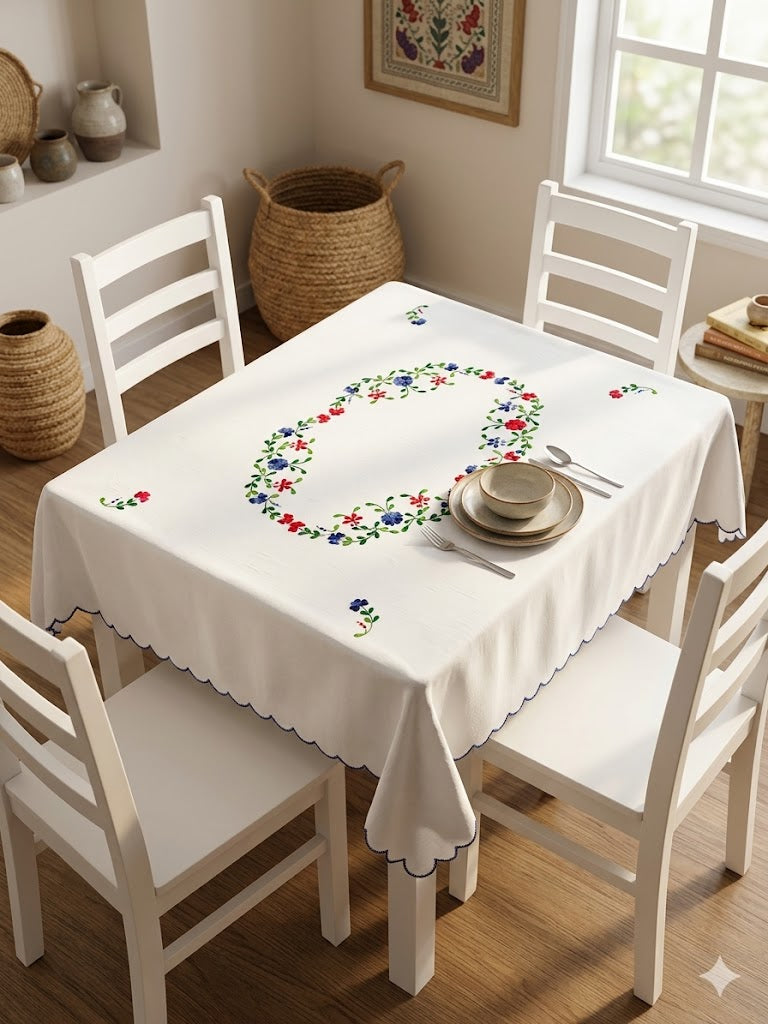 Hand Embroidered Four Seater Floral Table Cover
