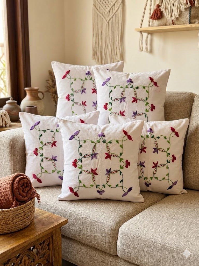 Hand Embroidered Cotton Cushion Covers (Set of 5)
