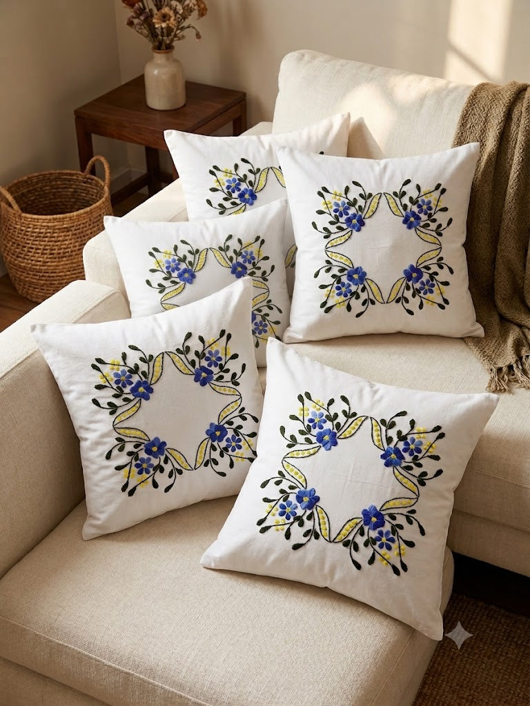 Hand Embroidered Cotton Cushion Covers (Set of 5)