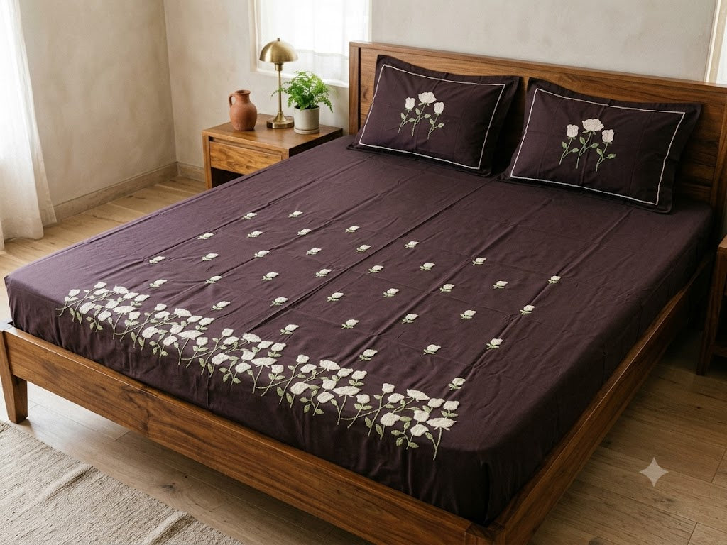 Premium Designer Embroidered Satin Cotton Bedsheet Set