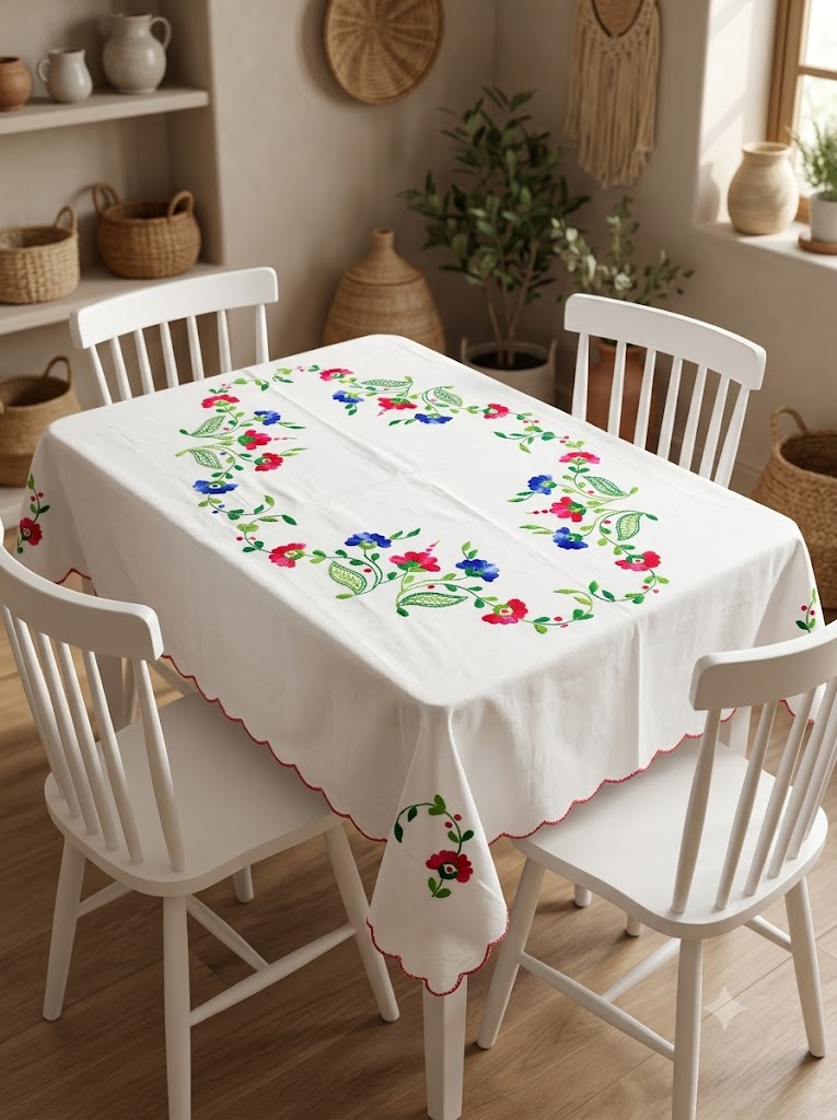 Hand Embroidered Four Seater Floral Table Cover