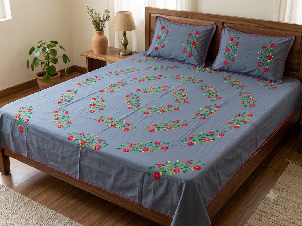Chikonwala's Hand Embroidered Floral Design Bedsheet
