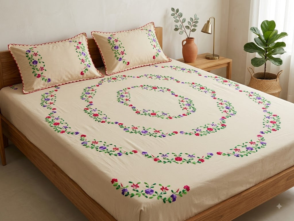 Chikonwala's Hand Embroidered Floral Design Bedsheet