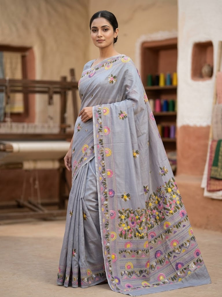 Premium Handcrafted Bullion Stitch Work Chanderi Saree with Blouse Piece