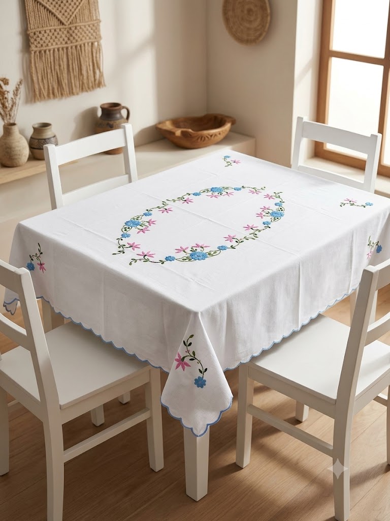 Hand Embroidered Four Seater Floral Table Cover