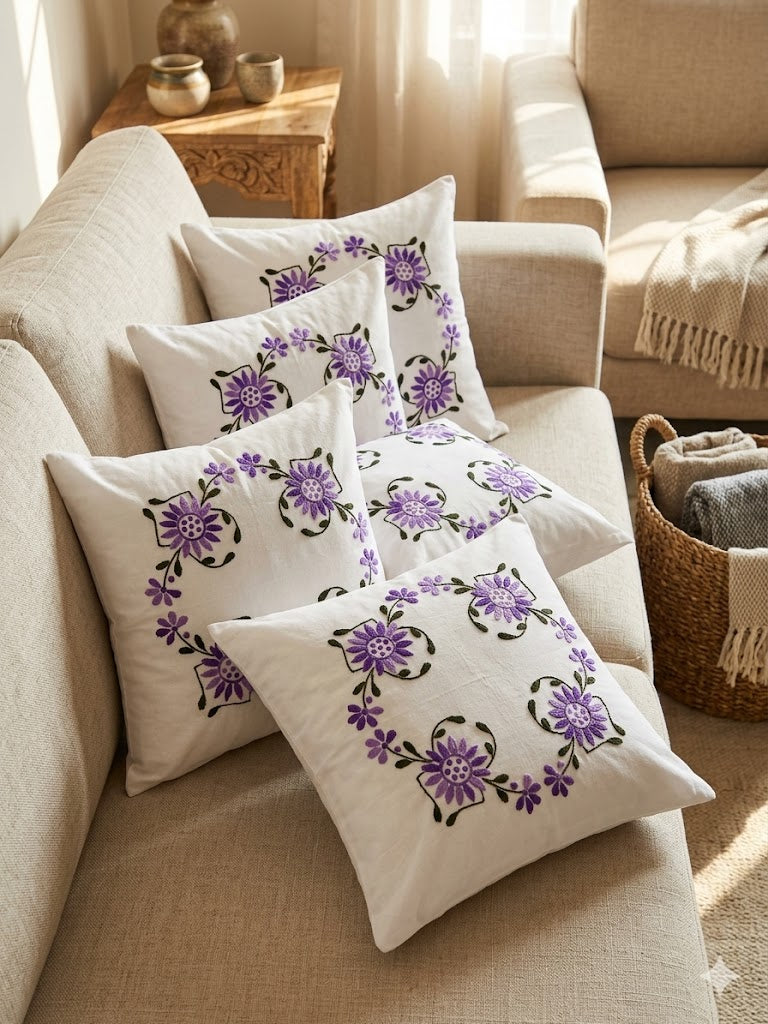 Hand Embroidered Cotton Cushion Covers (Set of 5)