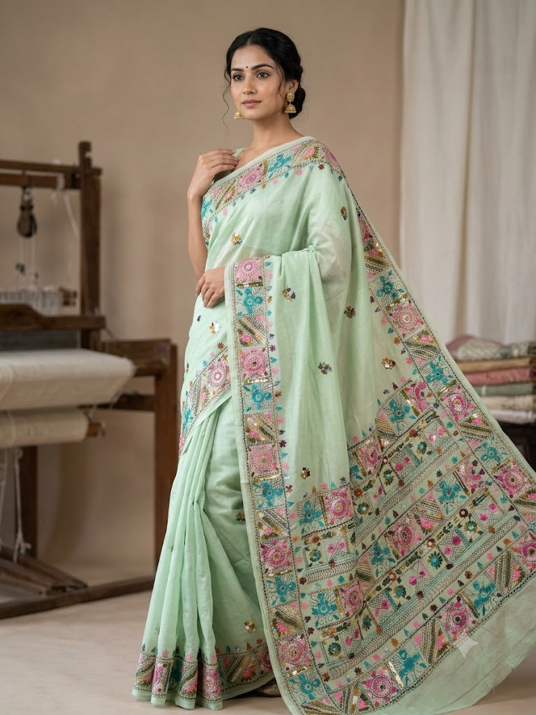 Premium Handcrafted Bullion Stitch Work Chanderi Saree with Blouse Piece