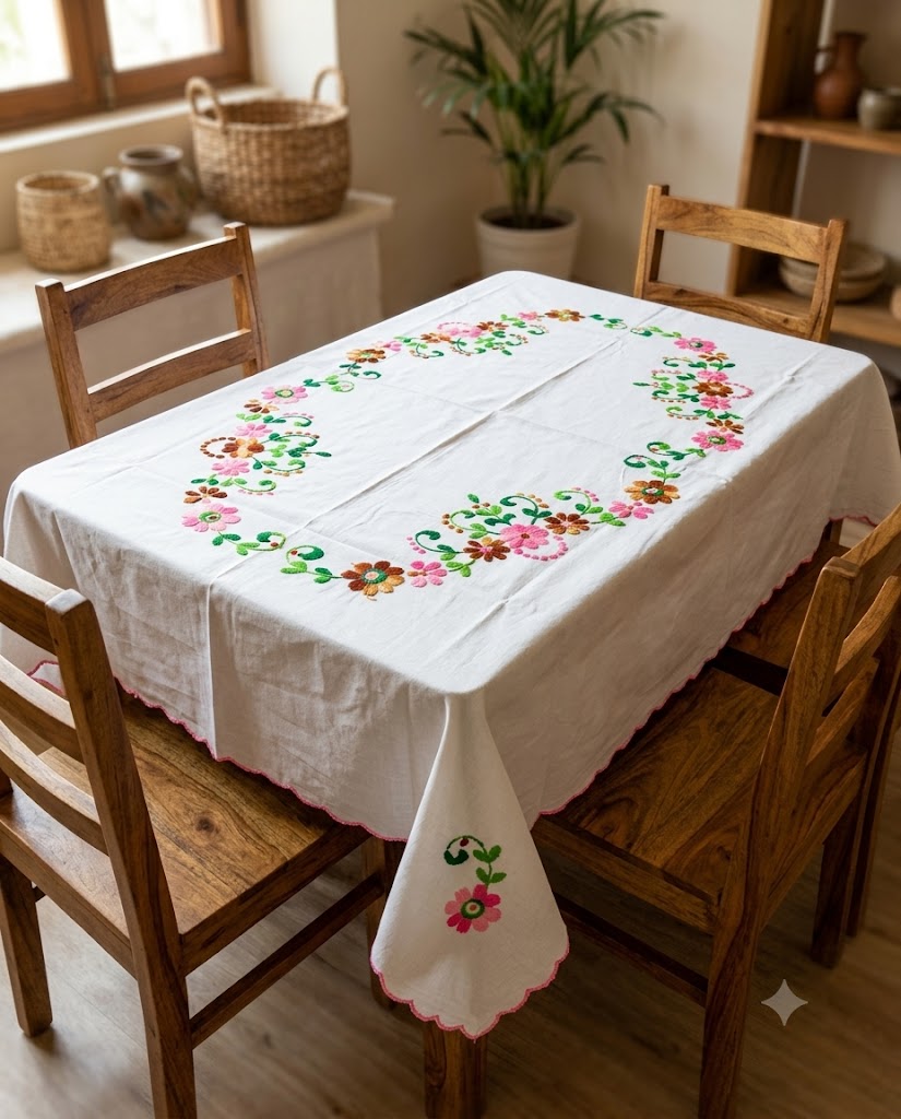 Hand Embroidered Four Seater Floral Table Cover