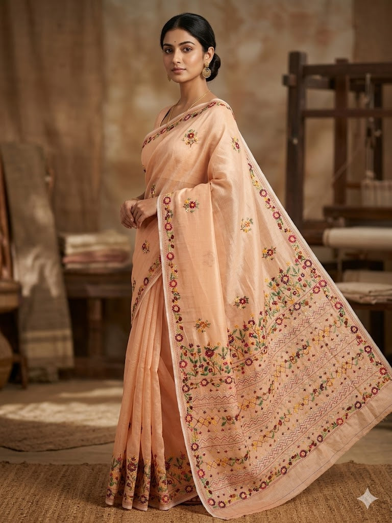 Premium Handcrafted Bullion Stitch Work Chanderi Saree with Blouse Piece
